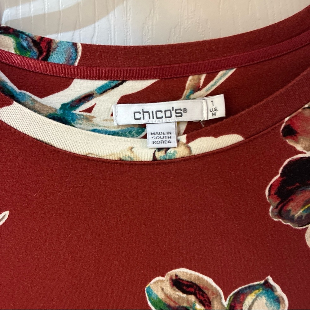 Chico's Bold Floral Long Sleeve Top - Rust and Cream SZ 1/M - Picture 2 of 4